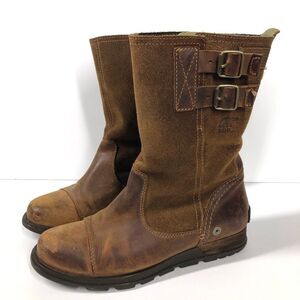 Sorel Major Pull On Boots Tan Brown Leather Mid Calf Buckle Moto 6.5 Nl2166-242